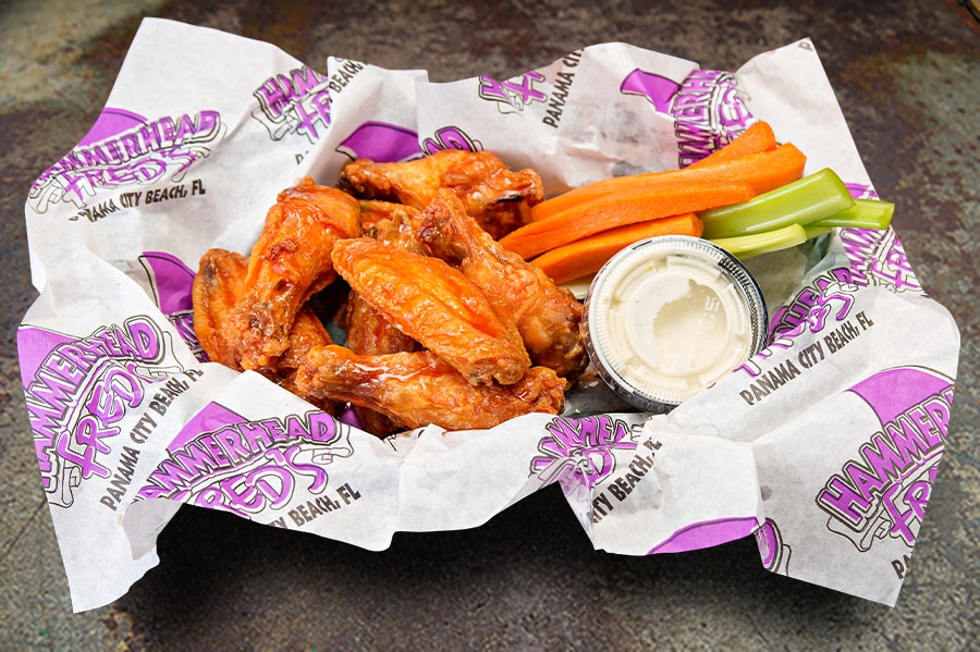 1 lb of Traditional Style Wings Served with your Choice of Sauce; Mild, Medium, Hot, Nuclear, Honey BBQ or Garlic Parmesan. Served with Carrots & Celery and either Ranch or Bleu Cheese.