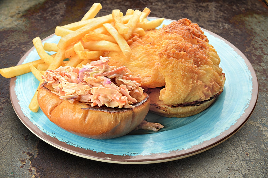 Whale of a Sandwich – a Generous Filet of Flounder, Fried and Topped with Thousand Island Bacon Slaw