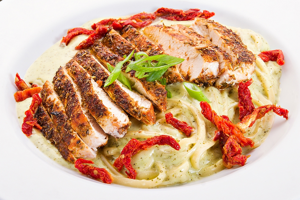 Grilled or Blackened Chicken on top of Linguine Pesto Alfredo